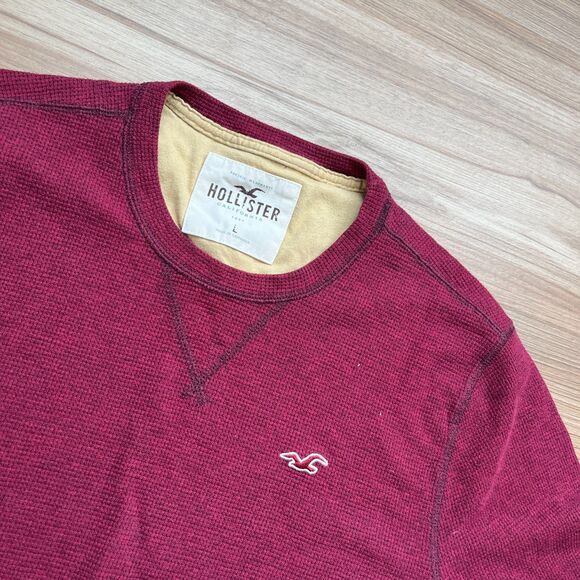 Y2K Hollister Long Sleeve Thermal T Shirt Men's L Burgundy Embroidered Logo - Picture 3 of 6